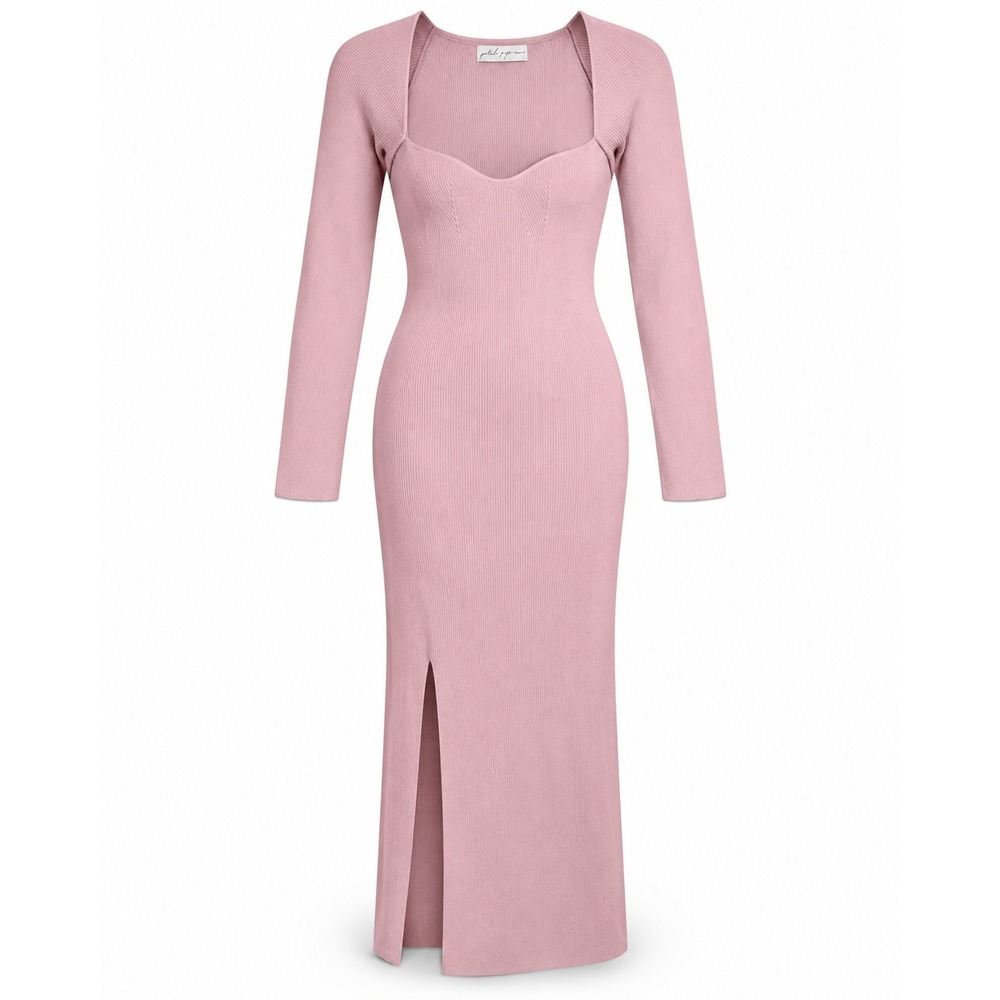 Petal & Pup Aquerelle Dress US 12 Pink Ribbed Knit Bodycon Midi Sweetheart Slit